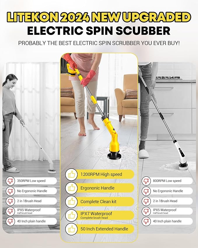 Electric Spin Scrubber with 3+ Hour Long Lasting Battery, 1000W/1200RPM High Power Cordless Clean Brush with 50IN Adjustable Long Handle, 4 Replacement Head for Bath/Tub/Tile/Floor