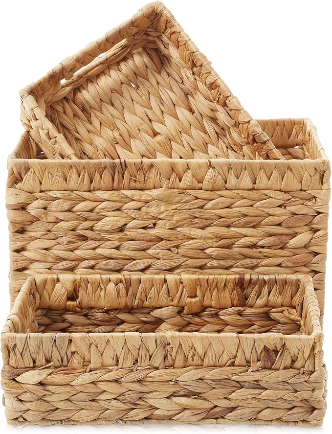 Casafield Set of 3 Water Hyacinth Storage Baskets with Handles - 1-Medium, 2-Small Woven Organizers for Bathroom, Laundry, Pantry, Office, Shelves