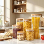 HomArtist Square Glass Jars with Bamboo Lids [Muti Size Set of 5], Glass Canisters with Airtight Lids, Glass Food Storage Containers for Pasta, Cereal, Flour, Sugar, Best for Kitchen & Pantry