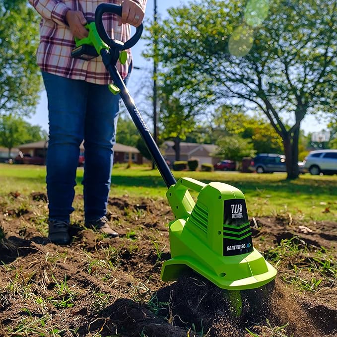 Earthwise Power Tools by ALM TC70020IT 20-Volt 7.5-Inch Cordless Electric Garden Tiller Cultivator, (2AH Battery & Fast Charger Included), Green