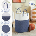 Laundry Basket,Woven Cotton Rope Laundry Hamper,Versatile Storage for Dirty Clothes,Baby Toys,and Blankets in Bathroom, Nursery,and Living Room (Blue, 100L)