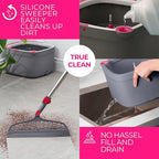 True & Tidy True Clean Spin Mop & Bucket System – Dual Compartment Design for Clean & Dirty Water, 360° Swivel Mop Head, Built-in Scrubbing Brush, Stainless Steel Handle & 2 Reusable Microfiber Pads