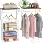DAOUTIME 2 Set Laundry Room Wall Mounted Shelves With Wire Storage Baskets, Over Washer and Dryer With Hanging Rods and Hooks, for Organization and Storage, White, Wooden