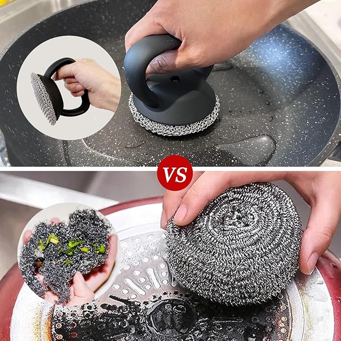 MEIXINZHI Cast Iron Cleaner, Chain Mail Scrubber & Pan Grill Scrapers - 2 in 1 Cast Iron Skillet Cleaner (Black, with mat)