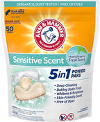 Arm & Hammer Sensitive Scent 5-in-1 Laundry Detergent Power Paks, 50 Count, Fresh