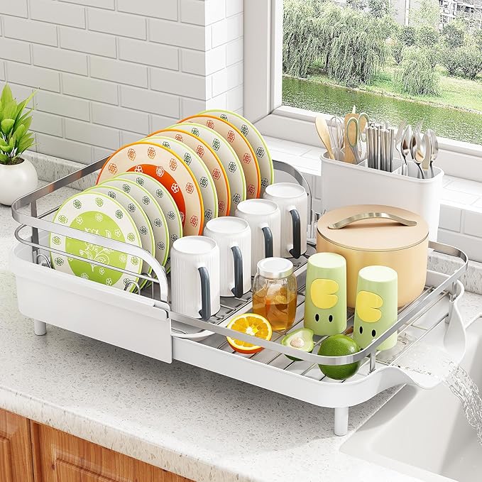 SAYZH Dish Drying Rack - Expandable Dish Rack for Kitchen Counter, Rust-Resistant Dish Drainer with Utensil Holder and Raised Guardrail, Kitchen Organizer for Cup and Bottle (White)