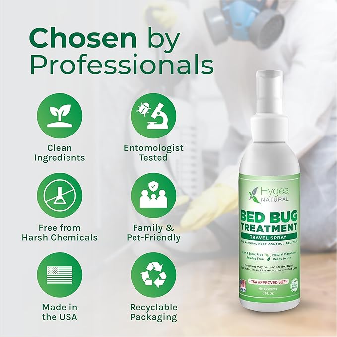 Hygea Natural Lice, Mite, and Bed Bug Natural Travel Spray - TSA Approved size – Child & Pet Friendly – Immediate results – Stain & Odor Free, For Hotels, Suitcase, Backpack, Shoes, Bed Bug Spray(3oz)