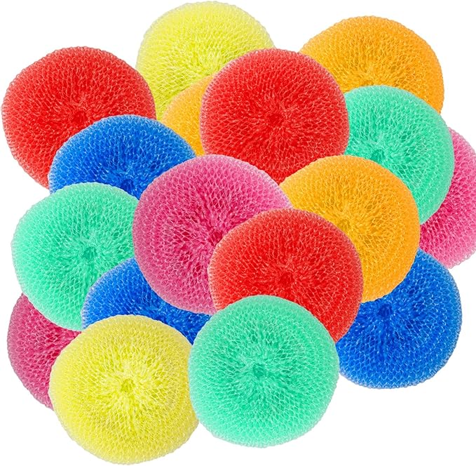 Framendino, 30 Pack Dish Scrub Brush Nylon Scouring Pads Assorted Colors Round Plastic Scrubbers Mesh Scourers Poly for Kitchen