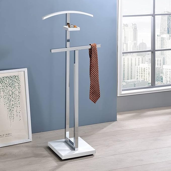 Kings Brand Furniture Vaccaro Metal Suit Valet Stand – Freestanding Clothes Organizer with Jacket Hanger, Pants Bar, Tie Holder & Storage Shelf – Modern Bedroom Garment Rack, White/Chrome