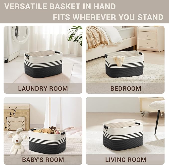 45L Small Laundry Basket with Leather Handles for Living Room Storage, Woven Rope Baskets Bin for Blanket, Kids Toy, Gifts, Wicker Hamper for Bedroom Dirty Clothes, 18"x14"x11" White Black