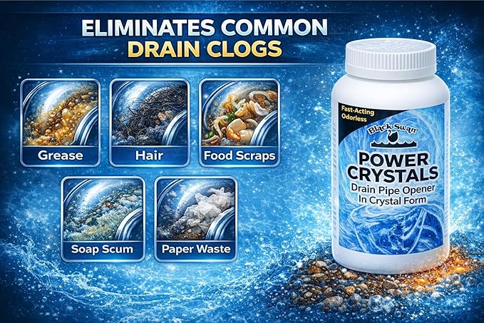 Black Swan 09175 Power Crystals Drain Opener, 1 lb (16 oz) - Heavy Duty Crystal Formula for Cleaning Clogged Drain Pipes Due to Grease, Food Scraps - Safe for Plumbing & Septic Systems