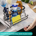 HapiRm Kitchen Sink Organizer, SUS304 Stainless Steel Rustproof Multifunctional Sink Caddy with Sponge Holder and Drain Tray for Kitchen Countertop (Black)