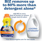 Biz Detergent Stain and Odor Eliminator, 50 oz Liquid Laundry Booster – Powerful Stain Remover for Clothes, Activewear, and Household Fabrics