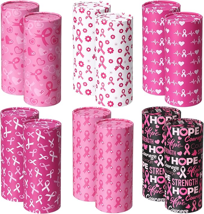 Outus 12 Pcs Breast Cancer Awareness Car Tissues Cylinder Holder with 3 Ply Facial Tissue Bulk Ribbons and Hearts Tissue Holder Travel Tissues Boxes Container for Car Cup Office Home Charity Event
