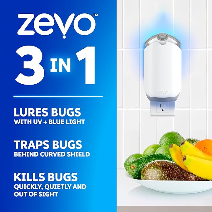 Zevo 2 Flying Insect Traps & 2 Refill Cartridges - Plug in Fly Trap & Indoor Bug Catcher for Gnats, House & Fruit Flies - Blue & UV Light Technology, Mess-Free Alternative to Bug Zapper