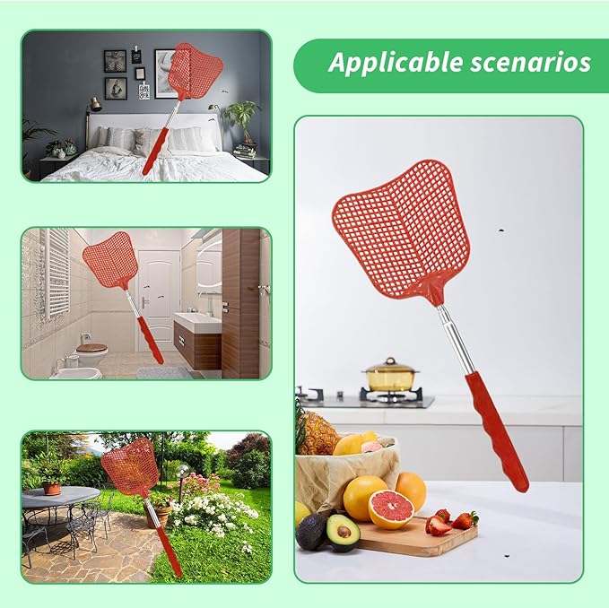 MYSTICHOME Fly Swatter 2 Pack, Durable Heavy Duty Plastic Fly Swatters, Stainless Steel Telescopic FlySwatter for Indoors/Outdoor/Kitchen/Garden (Black+Red)