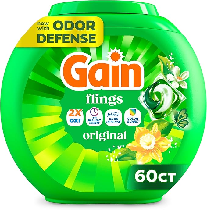 Gain Flings Laundry Detergent Pacs, 60 Count, Original Scent, with Odor Defense, concentrated laundry soap pacs