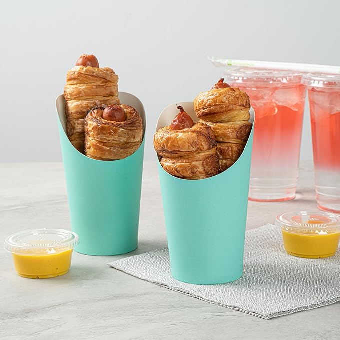 Restaurantware Bio Tek 16 Ounce French Fry Containers 100 Disposable Charcuterie Cups - Incline Design Round Turquoise Paper French Fry Cups Stackable For Waffles Chips or Popcorn