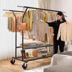 Raybee 74" W Clothes Rack Load 630 LBS, Clothing Racks for Hanging Clothes, Adjustable Heavy Duty Clothes Rack, Double Rods Metal Garment Rack for Bedroom Wardorbe Closet Living Room