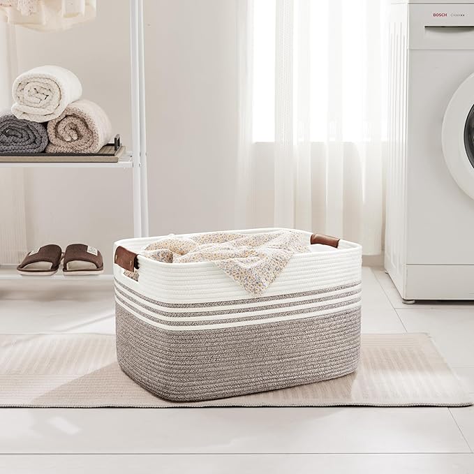 60L Large Laundry Basket with Leather Handles for Living Room Storage, Woven Rope Baskets Bin for Blanket, Kids Toy, Gifts, Wicker Hamper for Bedroom Dirty Clothes, 21"x15"x11" Dark Brown