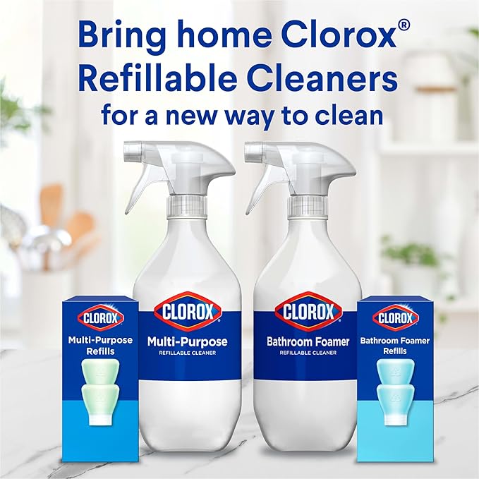 Clorox Bathroom Foamer Refillable Cleaner, Household Essentials, 1 Bottle and 3 Refill, Rain Clean, 1.13 Fl Oz
