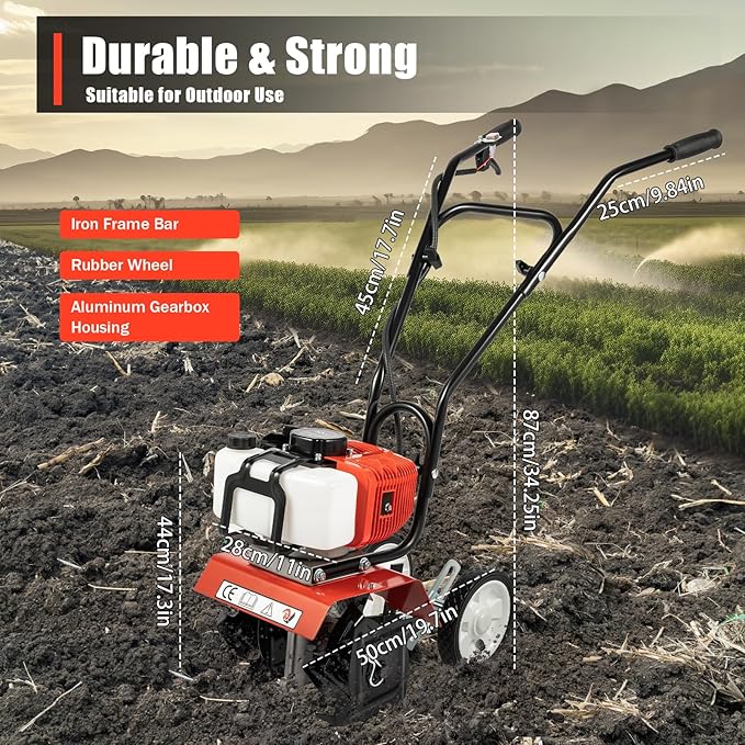 2-Stroke 52CC Mini Tiller Cultivator,Gasoline Power Garden Farmyard Tiller 1900W Soil Work Cultivator 6500rpm Yard Rototiller Tilling Tool for Ploughing, Furrowing, Tilling, Weeding