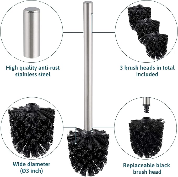 WC Set with roll Holder - White – Toilet Paper Holder - Stainless Steel – Glass Base –Dim.: 32x20x70cm– Easy Installation – Plus: 1+2 Extra Toilet Brush Heads for Exchange!