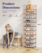 Kitsure Shoe Rack - 10-Tier Shoe Organizer with Detachable Fabric Shelves & Metal Frame, Tall Shoe Rack for Closet, Entrance, Living Room, 16.9" Wide - 10 Tier, Brown