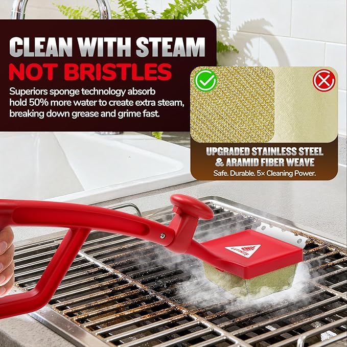 Steam Grill Brush Bristle Free, Safe Cleaning BBQ Grill Brush with Scraper, Replaceable & Dishwasher-Safe Scrub Head, Grill Cleaner Tool with Durable Ergonomic Handle, Red