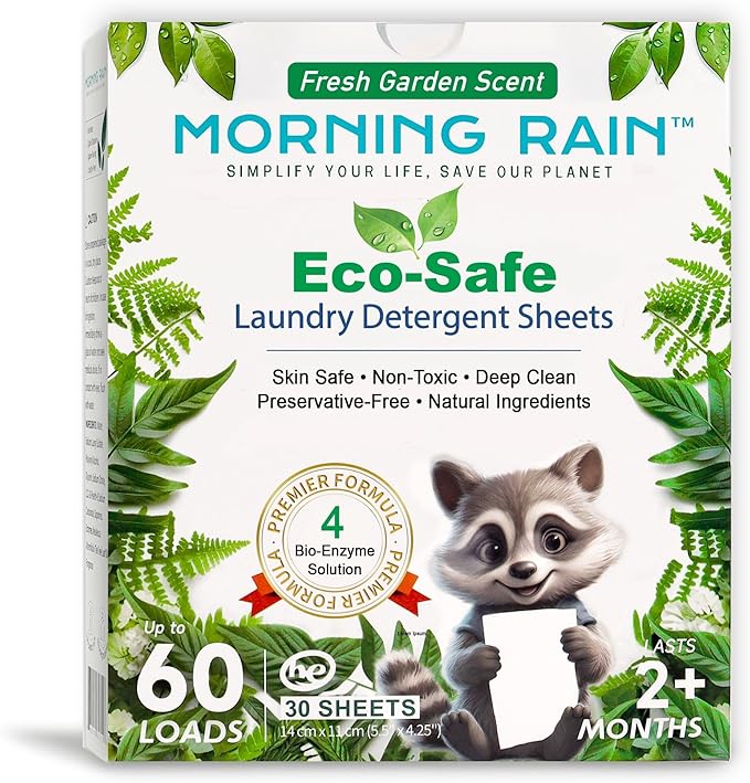 MorningRain Eco-Safe Laundry Detergent Sheets - Ingredients from Finland, Natural Scent, Bio-Enzyme Formula, Power clean, 30 Sheets (Up to 60 Loads) - Non-Toxic, Preservative-Free, Designed in USA