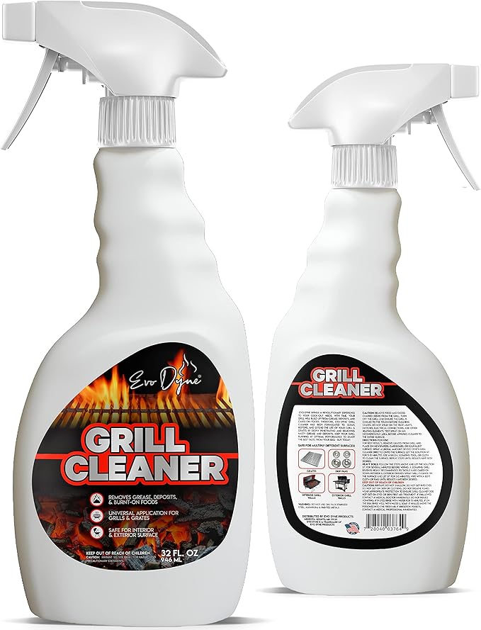 Evo Dyne Grill Cleaner Spray (32 oz), Made in USA - Quickly Cleans BBQ Burnt-on Foods and Grease from Grill Grates - Heavy Duty, Fast-Acting Formula, Less Scrubbing - Food Safe Grill & Oven Degreaser (2-Pack)