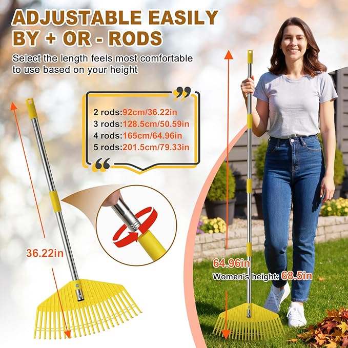Garden Rake for Leaves - Extra Wide 17" Leaf Rake,Lightweight Long Handle for Women Seniors Kids Effortless Clean-Up,23 Non-Clog Flexible Tines for Lawn-Friendly,80” Adjustable Plastic Rakes for Yard
