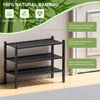 ROMGUAR CRAFT 3 Tier (Thick) Bamboo Shoe Rack for Entryway, Small Wood Shoe Shelf Storage Organizer for Closet, Shoe Stand for Hallway, Stackable and Sturdy 27"x12"x21" Black