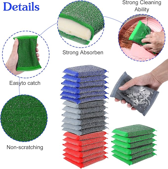 24 Pack Steel Scrub Sponges for Dishes Non Scratch Scouring Sponge Multi Use Metal Scrubber Heavy Duty Dish Wash Kitchen Sponge for Pot Dish Washing Hard Surface Cleaning Tools (Multicolored)