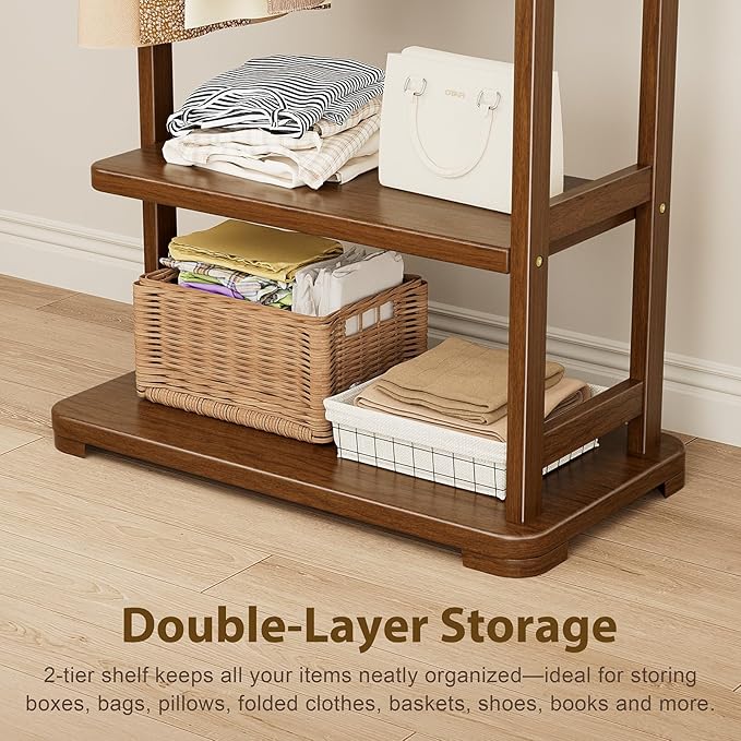 Taitiy Coat Rack Solid Wood Clothes Rack with 2 Shelves & 4 Hooks for Hanging Clothes Garment Wallets Hats, Clothing Rack Heavy Duty Coat Rack Freestanding with Storage Hall Tree for Hallway Bedroom