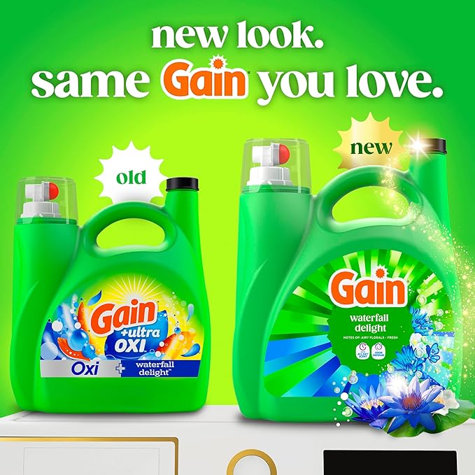 Gain Ultra Oxi Liquid Laundry Detergent, Waterfall Delight Scent, 177 fl oz, Freshness + Odor Fighting, High Efficiency Washing Machine Liquid Cleaning Soap, 134 Loads (Packaging May Vary)