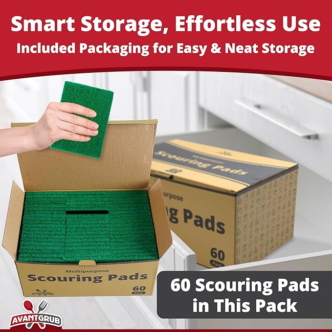 Heavy-Duty Scour Pad 60 Pack: High Abrasive Rating for Intense Scrubbing. 3.5 x 6. Best Used for Baked-On Messes. Restaurant & Commercial-Grade Scouring Pads. Bulk Wholesale Pack.
