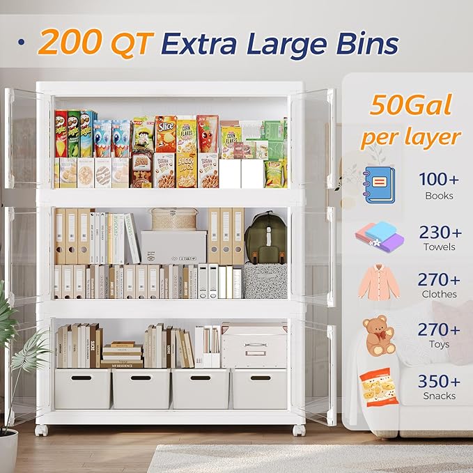 1000Qt Stackable Storage Bins with Lid and Wheel, 250Gal Plastic Closet Organizer and Storage Drawer, Large Collapsible Storage Box Cabinet with Clear Door for Home Kitchen Office, 5Pack White