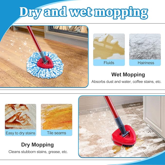 Mop Heads Replacements for O-Cedar RinseClean 2-Tank Spin Mop, Mop Replace Head for O Cedar, Mop Heads Include 4 Pack Mop Refills, 2 Scrubber Mop Heads, 1 Mop Base, Reusable, Easy to Replace
