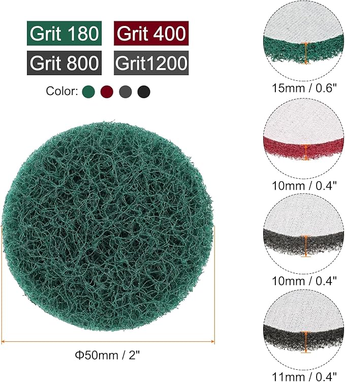 HARFINGTON 4pcs Scrubber Scouring Pads 180 400 800 1200 Grits 2 Inch Drill Power Brush Hoop and Loop Surface Conditioning Disc Drill Scuffing Disc Scrub Pads for Kitchen Cleaning, 4 Colors