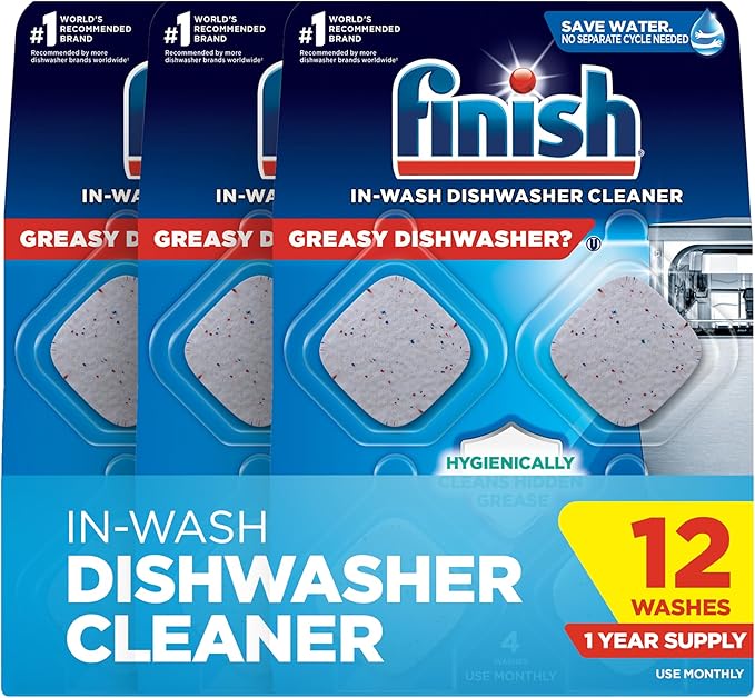 Finish Dishwasher Cleaner Tablets, Deep Cleans Hidden Grease & Grime, Fights Odors, No Extra Wash Cycle, Helps Maintain Dishwasher, 12 Month Supply, 12 Count