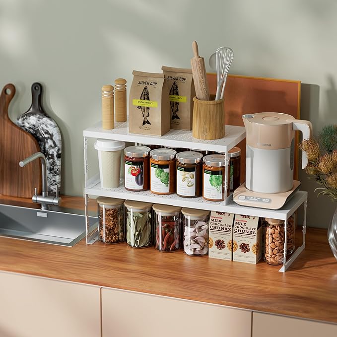 Jojocross Adjustable Stackable Metal Storage Shelf Organizer - Expandable Wire Rack with Perforations for Kitchen, Pantry, Bathroom, Cabinet & Office-Compact, Durable & Sturdy (2PACKS/Large/White)