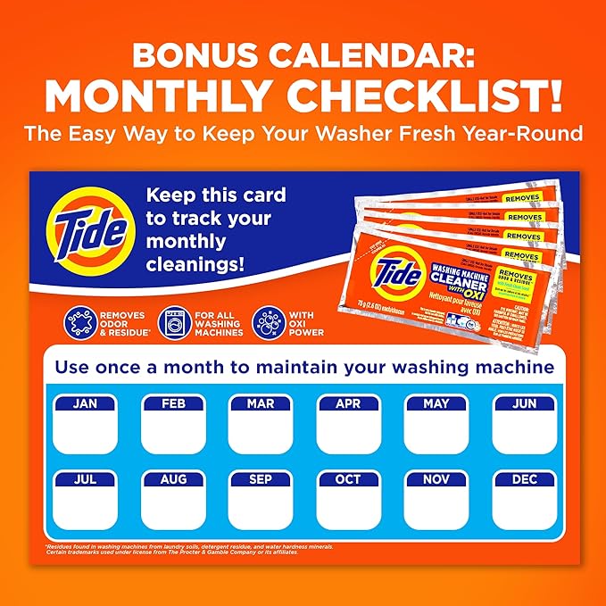 Washing Machine Cleaner by Tide, Washer Machine Cleaner with Oxi for Front and Top Loader Washer Machines, Deep Cleaning Residue & Odor Eliminator, 10 Month Supply + Calendar