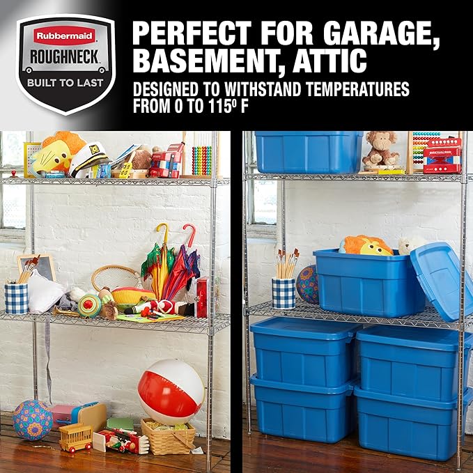 Rubbermaid Roughneck Tote 14 Gal, 6 Pack, Made in USA, Heritage Blue, Rugged Plastic Stackable Storage Bins with Lids and Handles