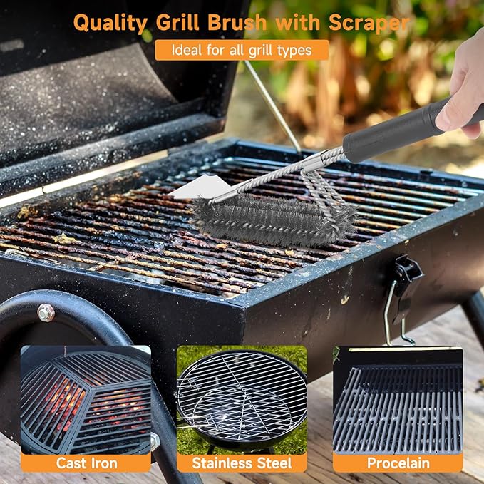 SHINESTAR Grill Brush, 18-Inch Grill Cleaning Brush with Long Handle, Durable Safe Cleaner for Cast Iron & Stainless-Steel Grates, Ideal for Outdoor Grill Brush