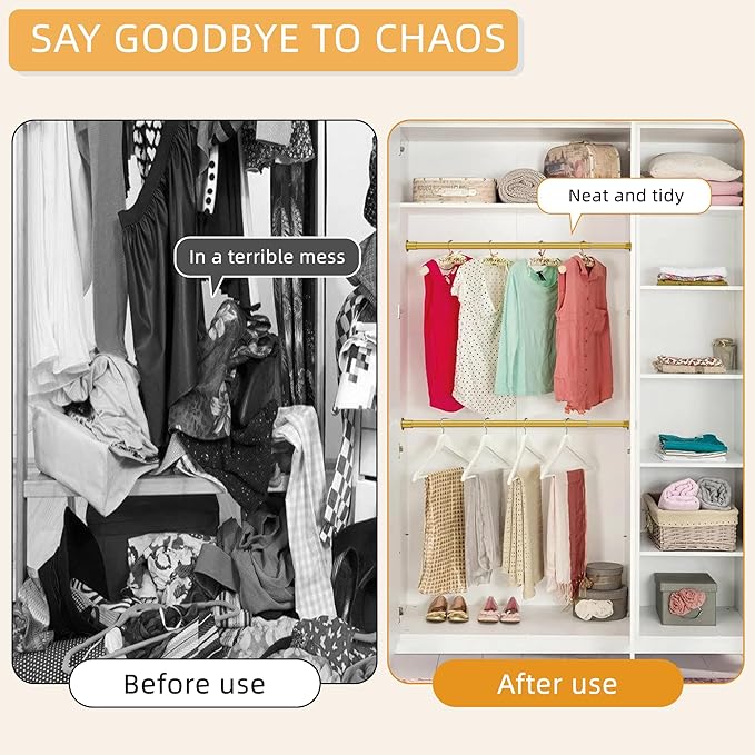 1.3 Inch Diameter Closet Rods for Hanging Clothes 17-100 Inch Adjustable, Metal Heavy Duty Closet Pole, Gold Closet Bar for Hanging Clothes, Suitable for Closet, Wardrobes, Bathroom, Windows