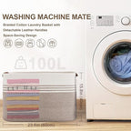 100L Extra Large Laundry Basket with Leather Handles for Living Room Storage, Woven Rope Baskets for Blanket, Kids Toy, Gifts, Wicker Hamper for Bedroom Dirty Clothes, 24"x16"x16" White Brown