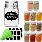 ComSaf Set of 12 Square Glass Jars with Airtight Lids (8 Oz), Pantry Canisters for Spices, Jams, & Herbs, Wire Clamp Jar for Overnight Oats, Pickling, Favors, Includes Labels & Funnel