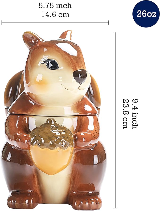Bico Squirrel 8 inch Air Tight Cookie Jar, Hand Painted Ceramic Container, Dishwasher Safe