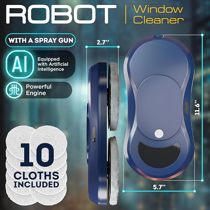 Dark Blue Automatic Window Cleaner Robot W250, 11.6 x 5.7 x 2.7 Inch with 30 ml Automatic Water Spray and 10 Cloth Pads. Window Vacuum Cleaner for Windows. Automatic Glass Cleaner Vacuum